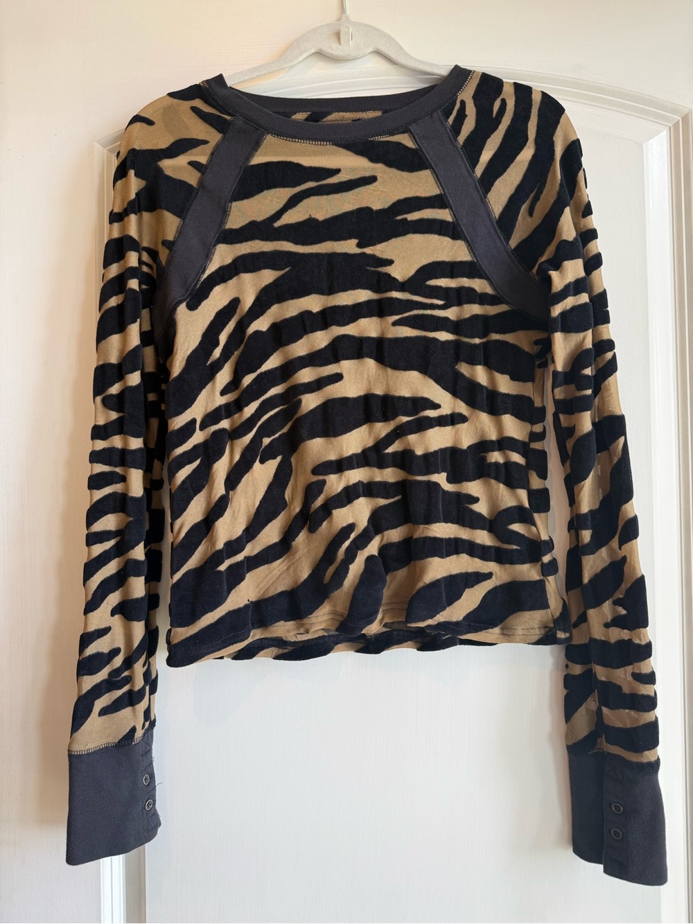 We The Free Tan & Black Zebra-Print Crewneck Shirt with Velvet Animal Stripes